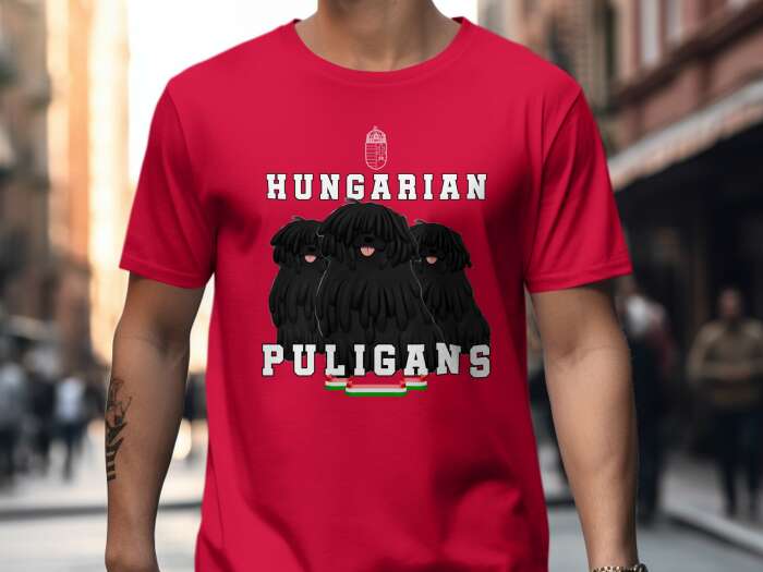 Piros színű póló Hungarian puligans felirattal és nemzeti szalaggal - 2